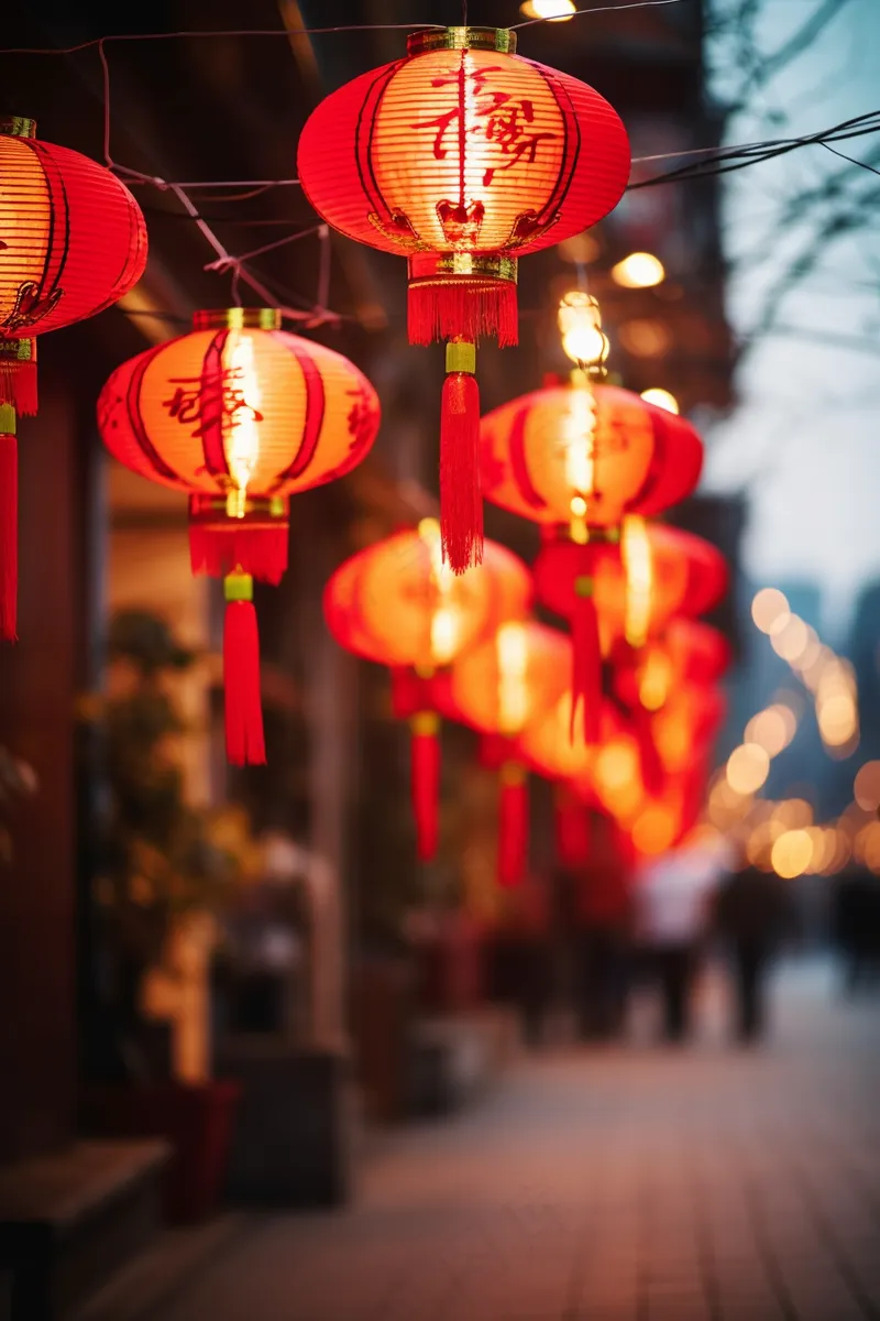 新年街道挂满红灯笼喜庆装饰摄影图(2688x4032)