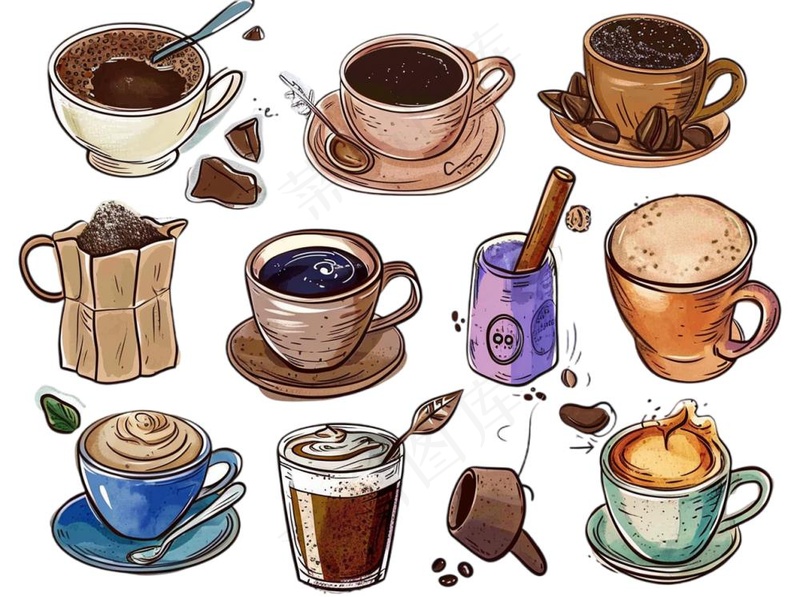 咖啡元素手绘卡通插画素材免抠