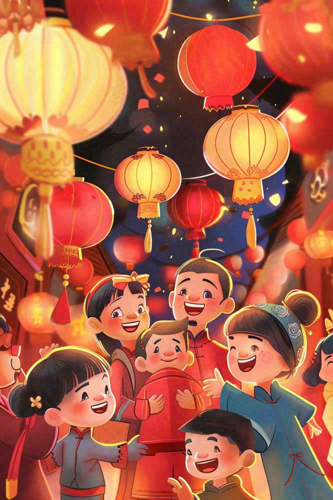 新年热闹的街道张灯结彩红色喜庆背景(896x1344)