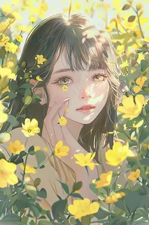 躲在黄色小花丛中的少女插画背景