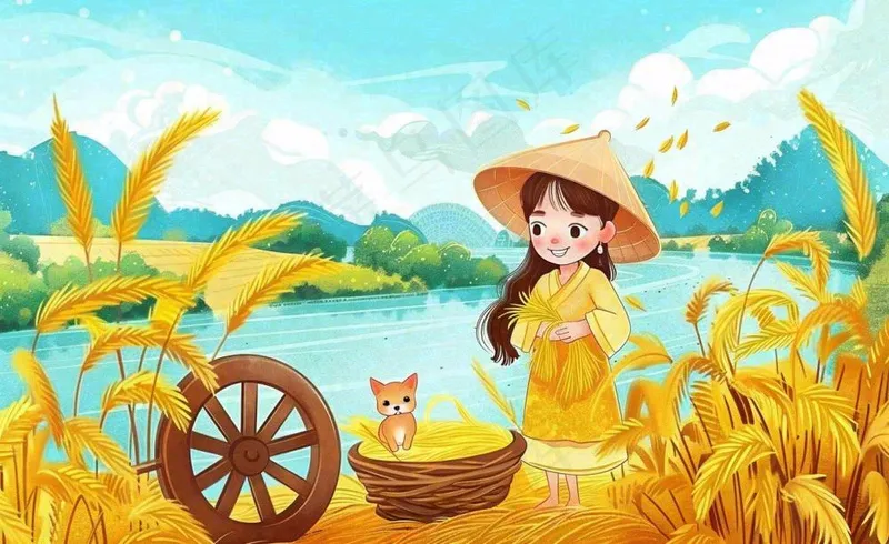 秋天秋分丰收节农民稻田稻穗粮食插画背景(1408x864)