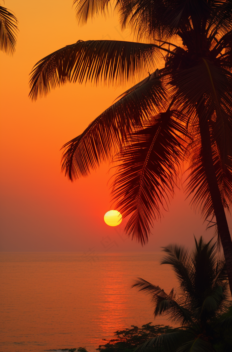 夏日沙滩椰树海边落日余晖晚霞摄影图