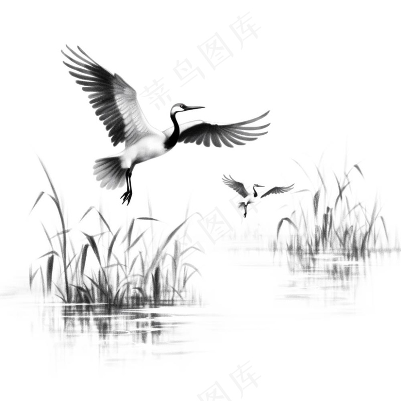 仙鹤白鹤飞过水草芦苇水墨画插画免抠(1024x1024)
