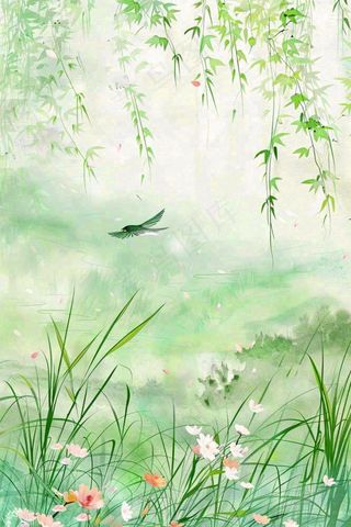 春天春暖花开柳树燕子草丛春游踏青立春惊蛰春分水彩插画背景
