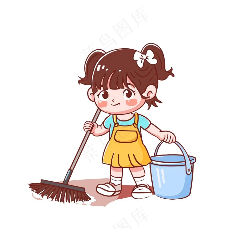 扫地的小女孩搞卫生劳动卡通插画免抠(1024x1024)