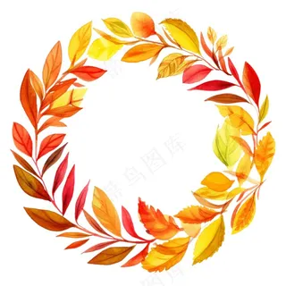 枫叶落叶树叶简约秋天圆形边框水彩画插画免抠