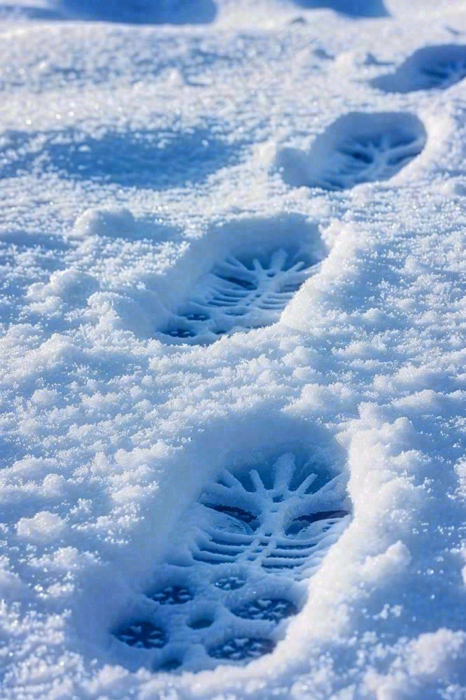 冬天雪地里的脚印蓝白色小雪大雪摄影图(896x1344)