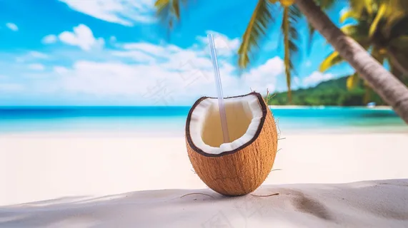 夏日海边沙滩椰子饮料摄影图