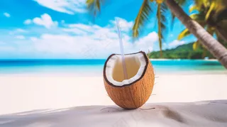夏日海边沙滩椰子饮料摄影图