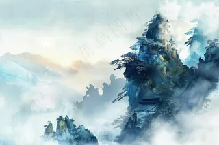 水墨祖国山河磅礴气势青山国画插画背景