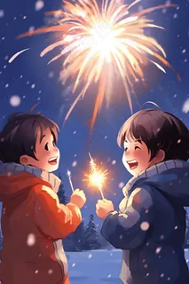 新年除夕放烟花爆竹的孩童庆祝新年喜庆卡通插画背景