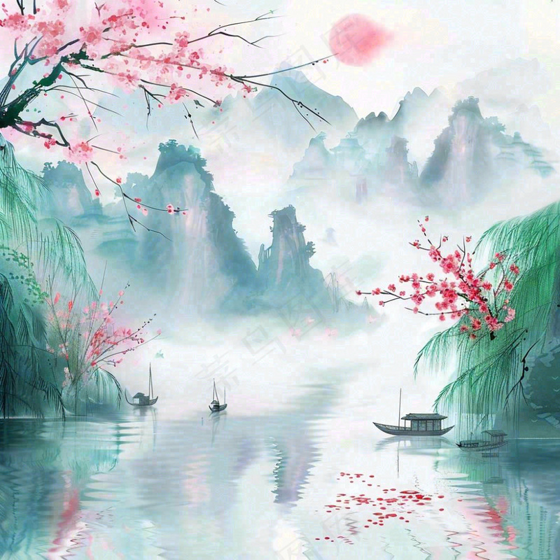 水墨江南山水画桃花青山春分清明惊蛰节气背景