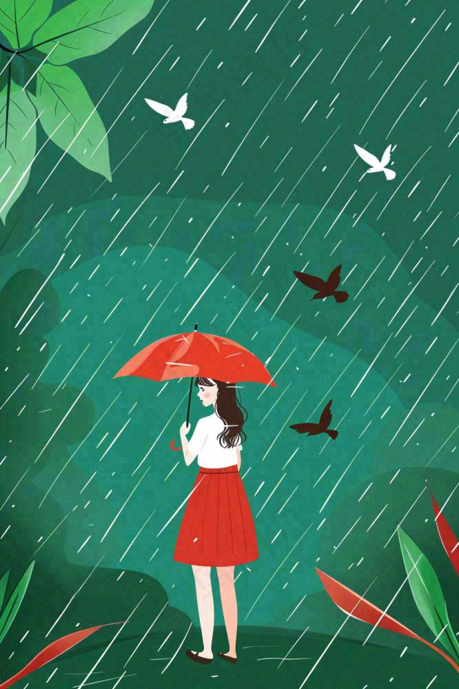 春天梅雨季红色女孩打雨伞户外绿色植物雨水谷雨卡通插画背景(896x1344)