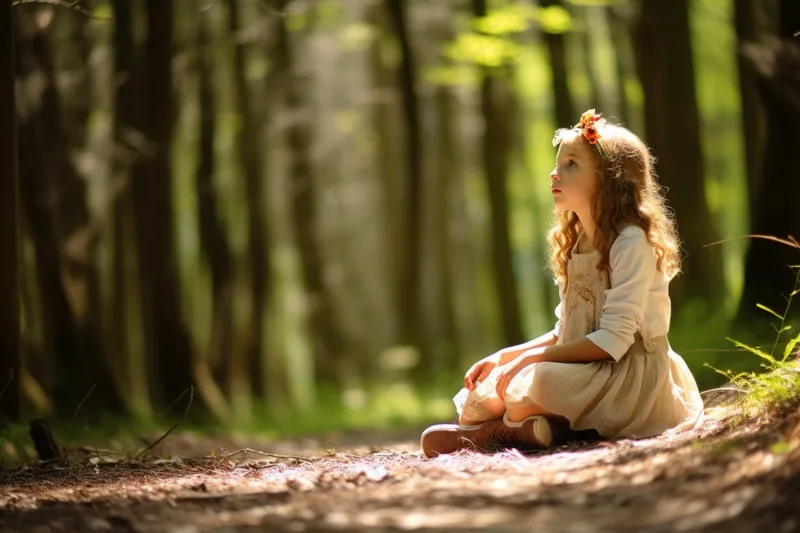 森林阳光下的绿色森系精灵女孩摄影图(4032x2688)