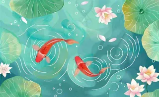 夏天荷花夏日荷塘背景水彩睡莲荷叶锦鲤鱼水彩立夏夏至大暑小暑卡通插画背景