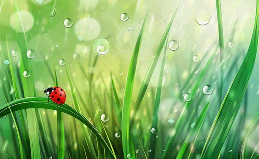 惊蛰雨水谷雨春天瓢虫昆虫绿色嫩草下雨天卡通插画背景