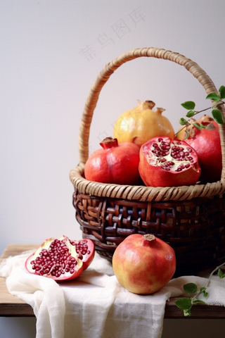 红石榴竹篮框水果摄影图