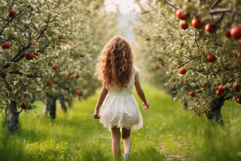 苹果园少女女孩漫步草地小径摄影图