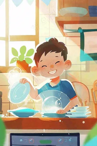 手绘五一劳动节假期学生做家务场景插画卡通劳动节儿童插画背景