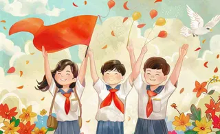 卡通红领巾学生举手旗帜和平鸽班长竞选祖国花朵国庆卡通插画背景