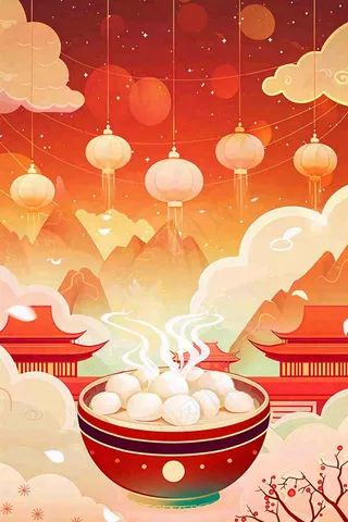 元宵汤圆节日灯笼红色喜庆插画背景