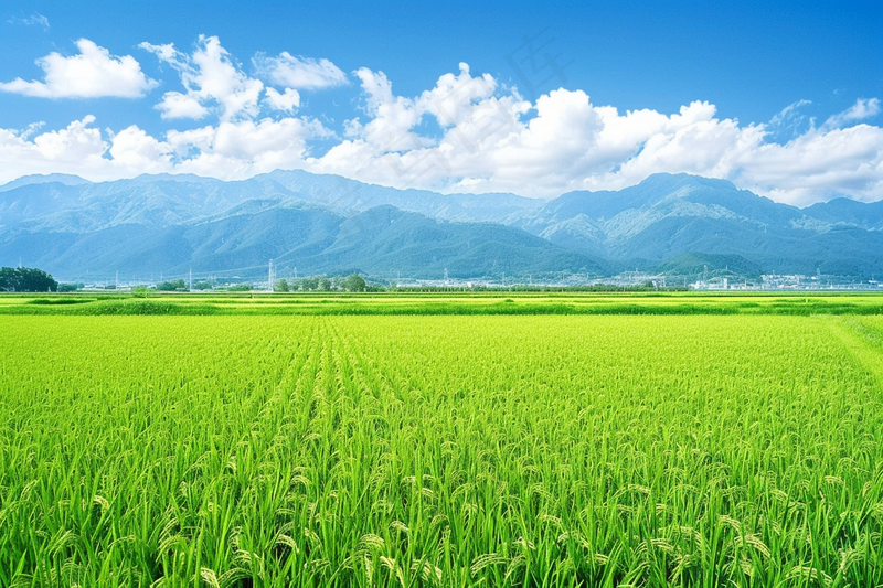 大片农田水稻远山蓝天白云摄影图(4032x2688)
