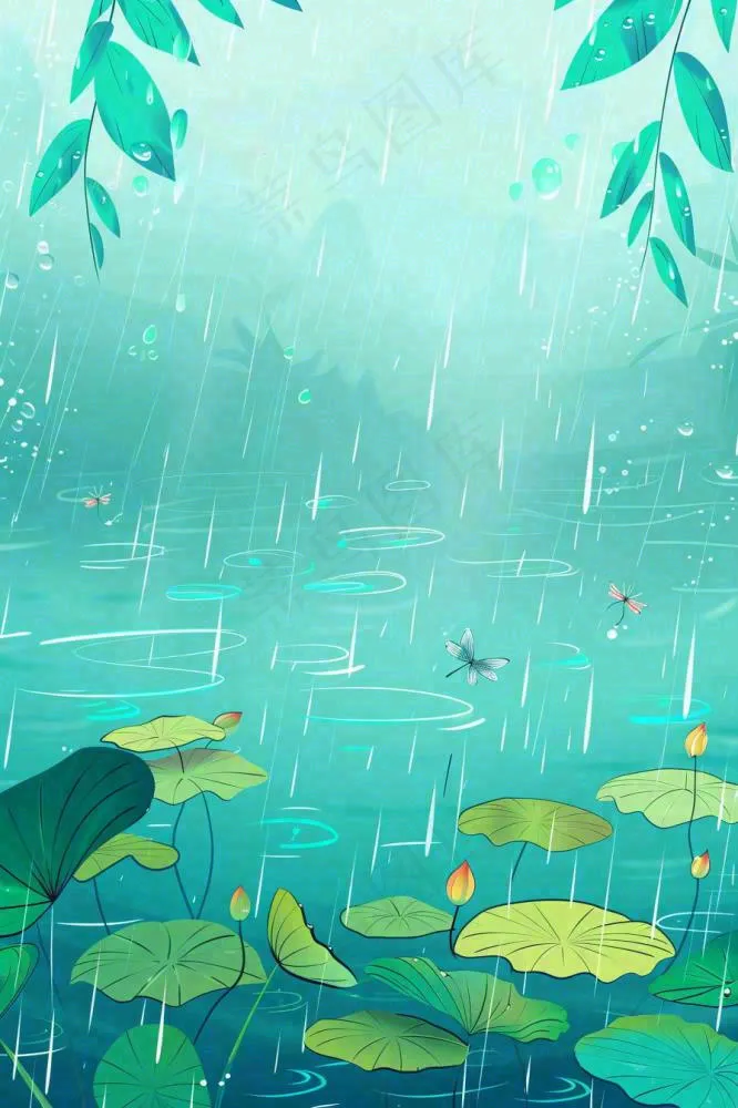 春天雨季池塘里的荷花蜻蜓雨水谷雨惊蛰卡通插画背景(896x1344)