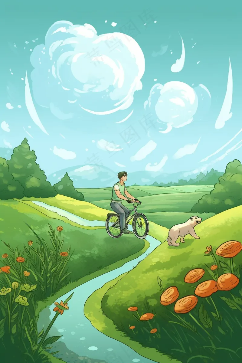 春游骑自行车的人风吹草地鲜花绿叶盛开卡通插画背景(2688x4032)