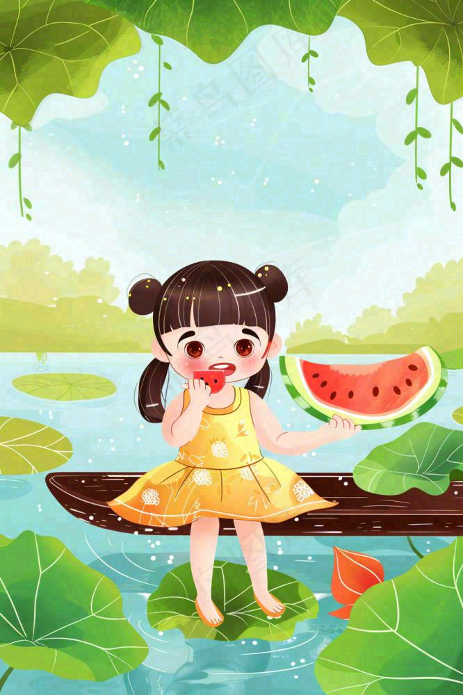 夏天荷花湖木桥上吃西瓜的女孩清凉立夏夏至大暑小暑卡通插画背景(896x1344)