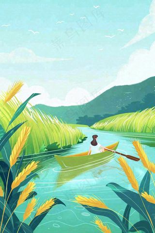 春天小麦田里的河流女孩坐船小麦麦穗小满芒种惊蛰卡通插画背景