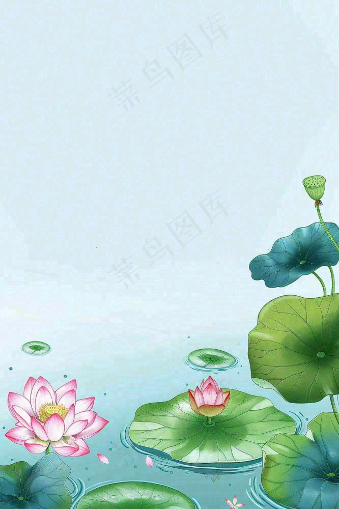 夏日池塘里的荷花荷叶插画清新淡雅立夏小暑大暑处暑卡通插画背景(896x1344)