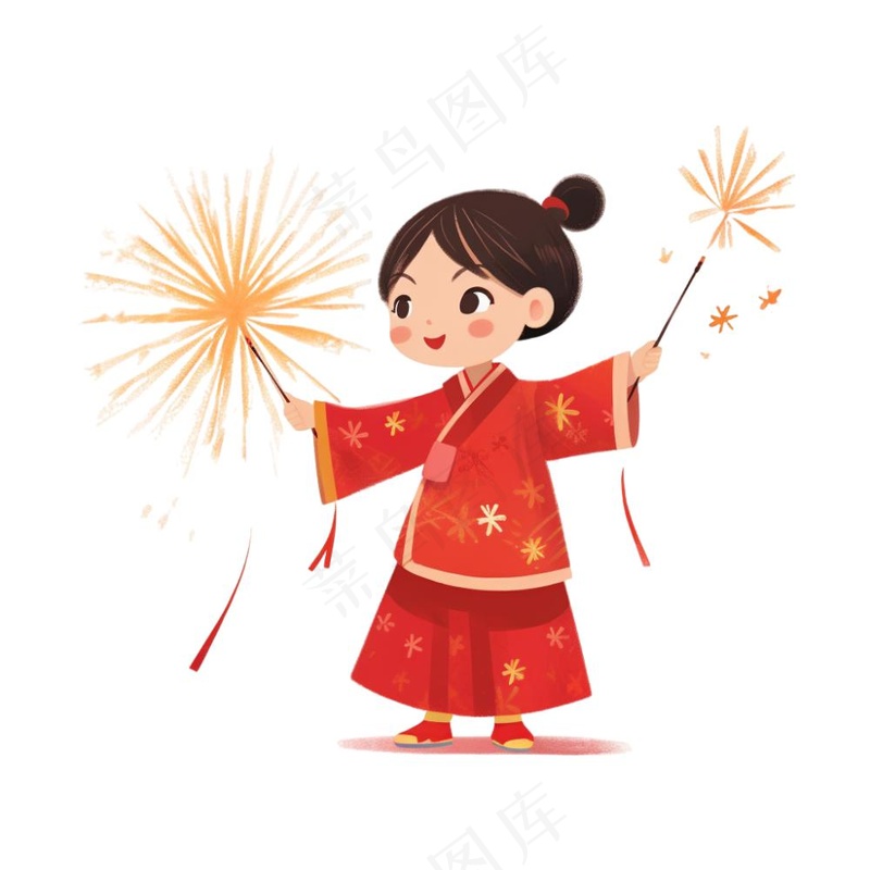 新年放烟花庆祝春节儿童开心过大年卡通插画免抠(1024x1024)