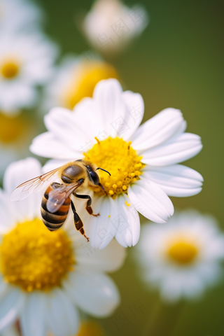 春天白色雏菊蜜蜂采蜜摄影图