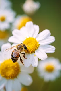 春天白色雏菊蜜蜂采蜜摄影图 春天白色雏菊蜜蜂采蜜摄影图