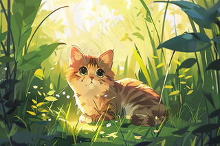 春日草丛里的猫橘猫可爱卡通插画背景