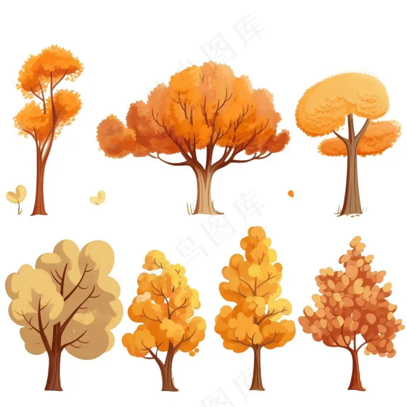 秋天黄了树木卡通插画元素免抠(1024x1024)