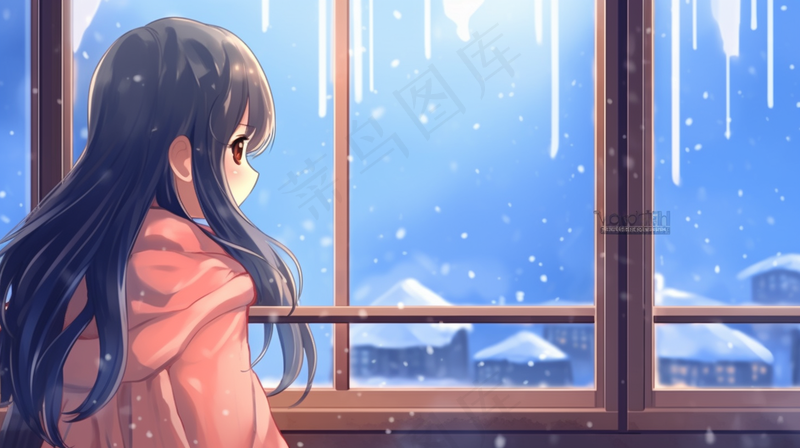 冬天窗边看雪的少女漫画插画背景(4368x2448)