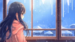 冬天窗边看雪的少女漫画插画背景