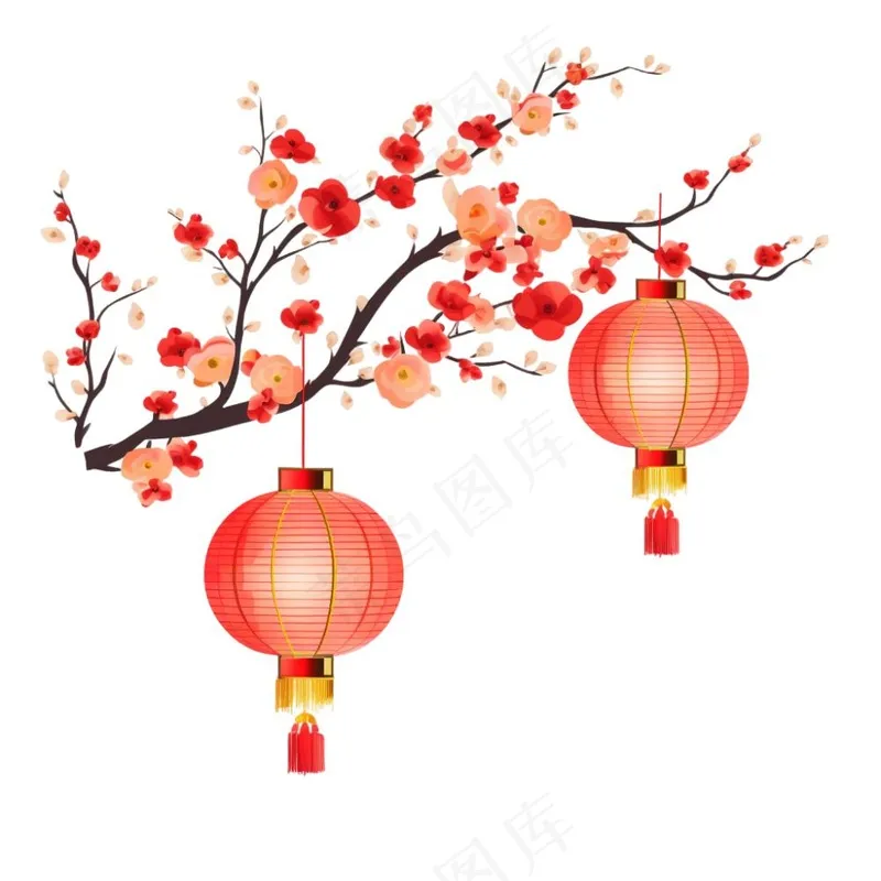 新年梅花枝条挂红灯笼喜庆红色卡通插画免抠(1024x1024)