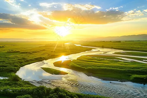 清晨日出朝霞云层山川摄影图