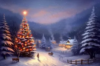 雪景夜晚小屋圣诞雪路背景