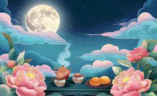 中秋晚宴赏月月饼喝茶牡丹花古风屏风祥云国潮风中国风插画背景