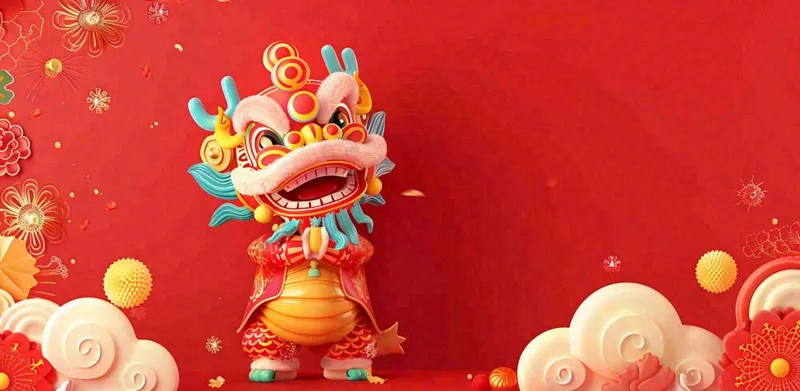 龙年新年春节张灯结彩舞狮舞龙喜庆红色立体小年元宵插画背景(1568x768)
