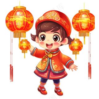 新年儿童拜年张灯结彩国潮春节红色手绘卡通插画免抠