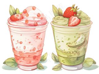 奶茶水果茶下午茶草莓石榴抹茶柠檬冰淇淋卡通插画免抠