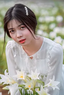 手拿喇叭花的长裙女孩3