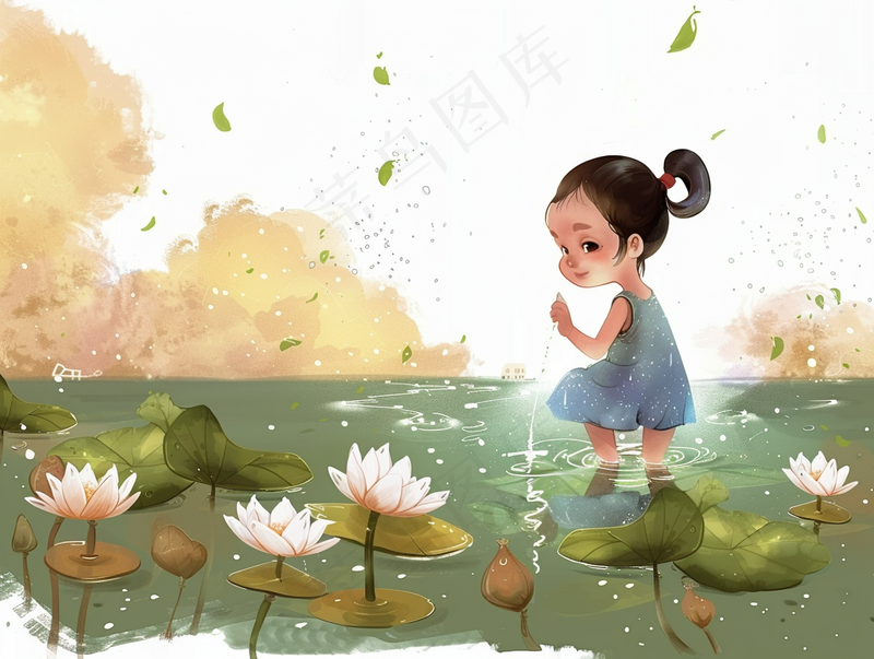 小水池玩水的小女孩卡通插画背景(3696x2784)