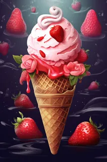 草莓冰淇淋球甜点蛋筒摄影图