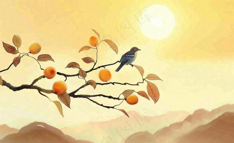 秋天柿子树枝条的小鸟夕阳西下日出金秋秋分立秋重阳插画背景(1408x864)