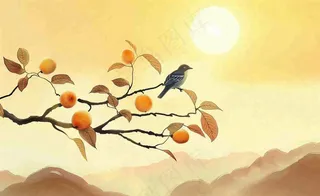 秋天柿子树枝条的小鸟夕阳西下日出金秋秋分立秋重阳插画背景